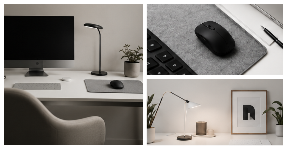 Mosaico de setups minimalistas y limpios con ratón KYRO